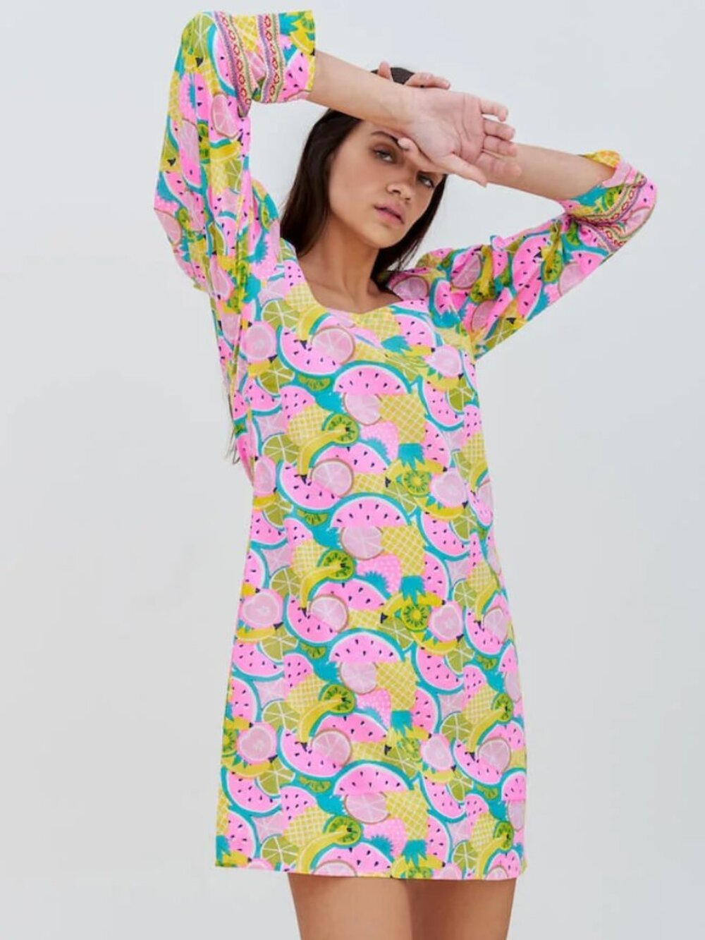 Pitusa 80s Puff Sleeve Mini Dress in Tropical Fruit 100% Cotton size Medium/II